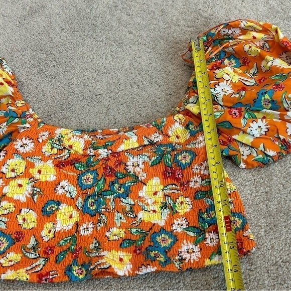 Zara orange floral flower smocked puff sleeve sweetheart neckline crop top L NWT - Picture 10 of 12